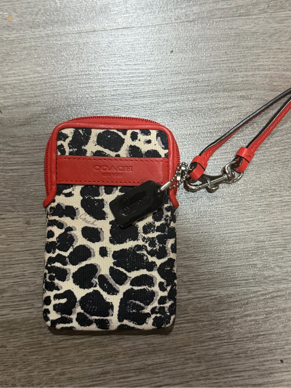 Coach Leopard-Print Wristlet with Red Trim and Strap